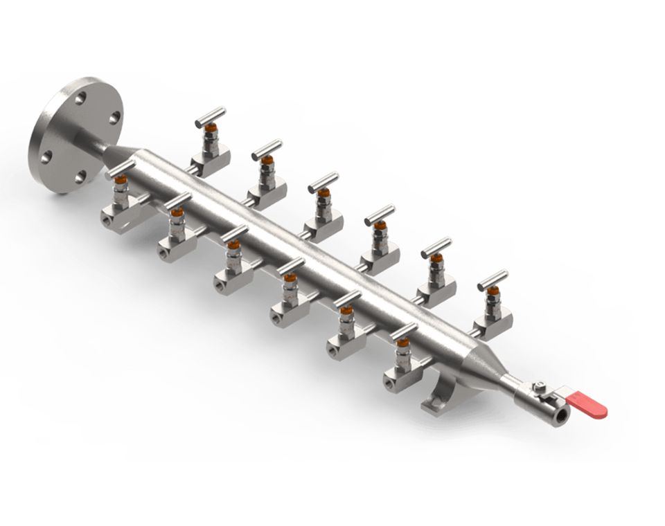 12-Way Air Header — 12-outlet tapered-body flanged manifold with orange needle valves, for analyser shelters and multi-loop process trains