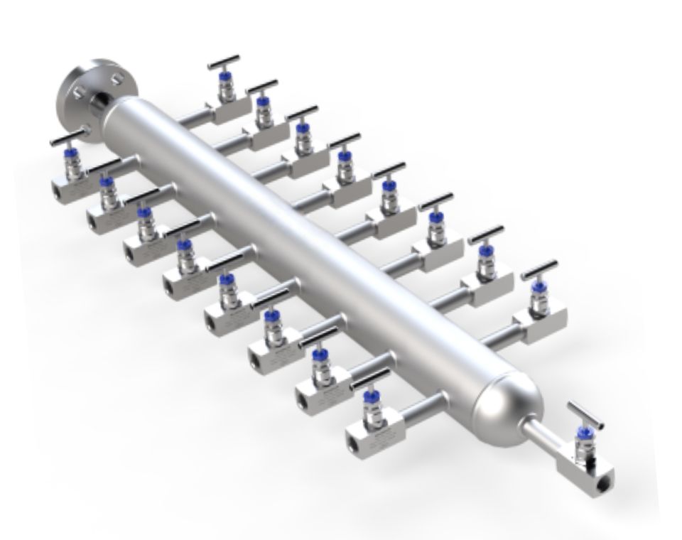 16-Way Air Header — 16-outlet large flanged manifold with blue needle valves for large refinery panels and FPSO topsides instrument air systems