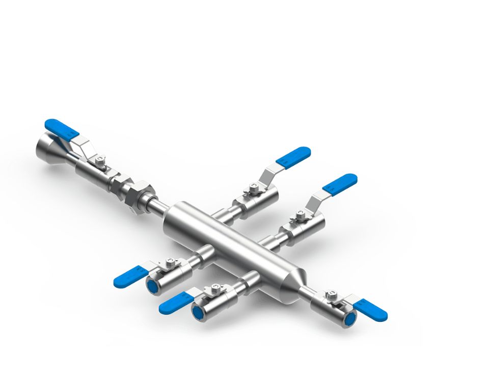 4-Way Air Header — 4-outlet instrument air manifold with NPT or BSP connections for small instrument panels