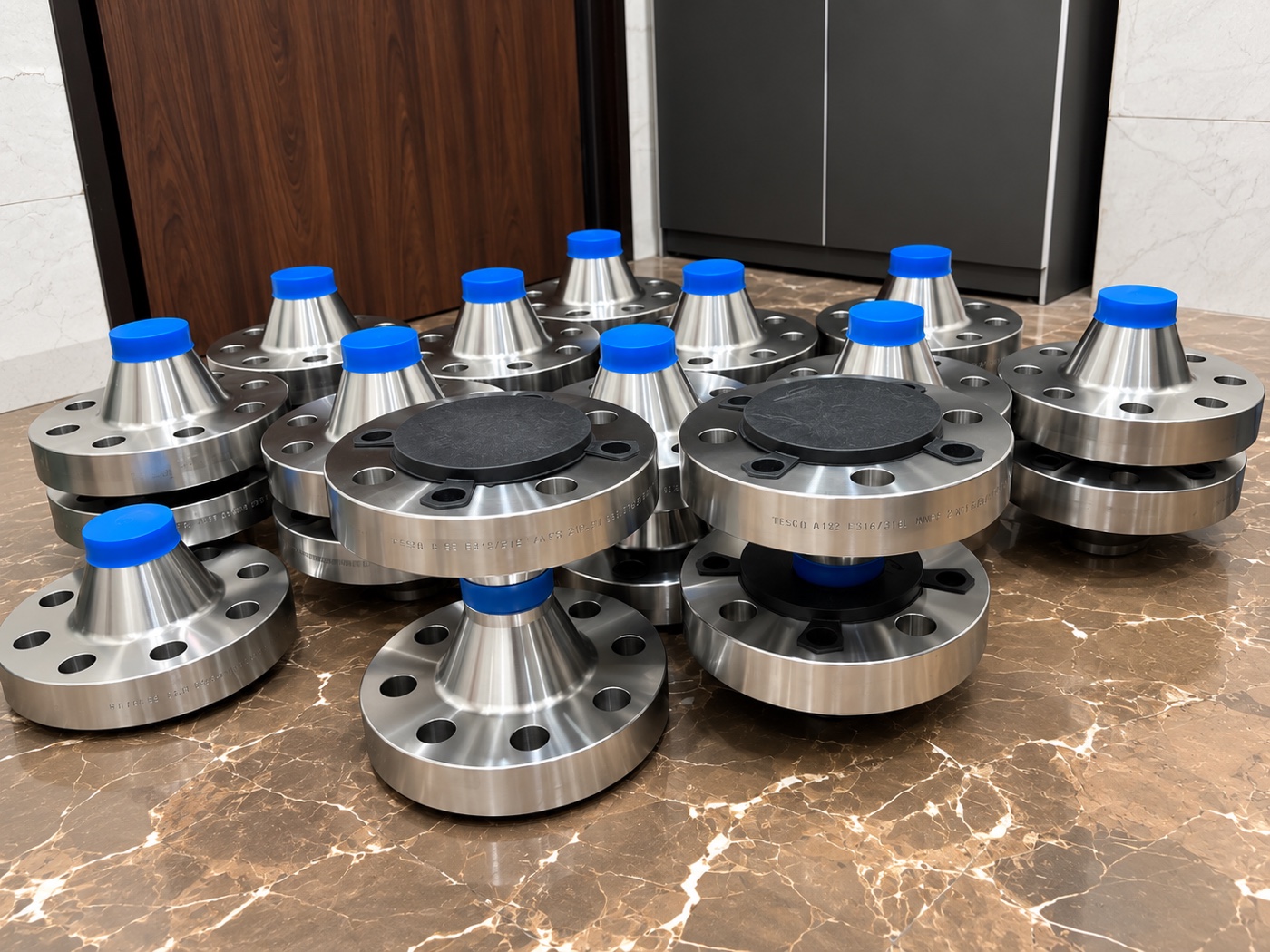Group of ASTM A182 F316/316L stainless steel weld neck flanges with protective caps paired for dispatch at Tesco
