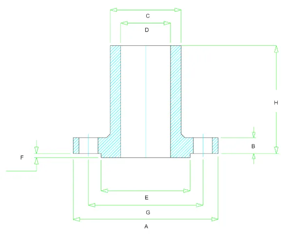 ASME B16.5 long weld neck flange dimension figure — flange OD A, thickness B, neck OD C, bore D, raised face E and F, bolt circle G and overall length H