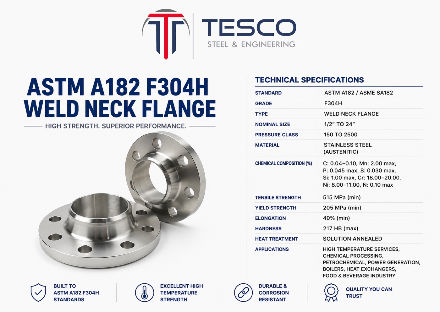 ASTM A182 F304H stainless steel weld neck flange with technical specifications — UNS S30409, Tesco Steel & Engineering
