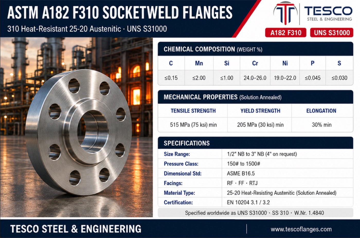 ASTM A182 F310 socket weld flange specifications infographic — SS 310 S31000 25-20 heat-resistant chemistry, 515/205 MPa mechanical properties, ASME B16.5 socket weld sizes