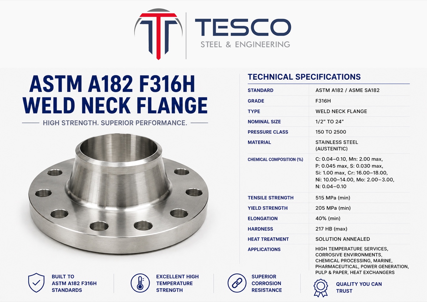 ASTM A182 F316H stainless steel weld neck flange with technical specifications — UNS S31609, Tesco Steel & Engineering