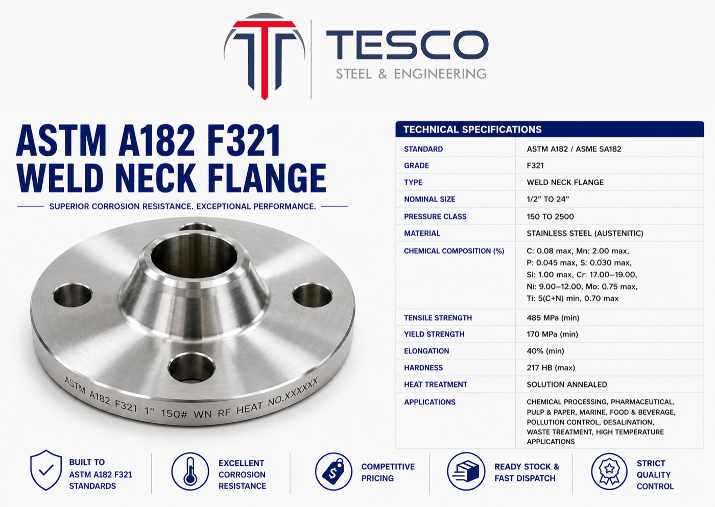 ASTM A182 F321 stainless steel weld neck flange with technical specifications — UNS S32100, Tesco Steel & Engineering