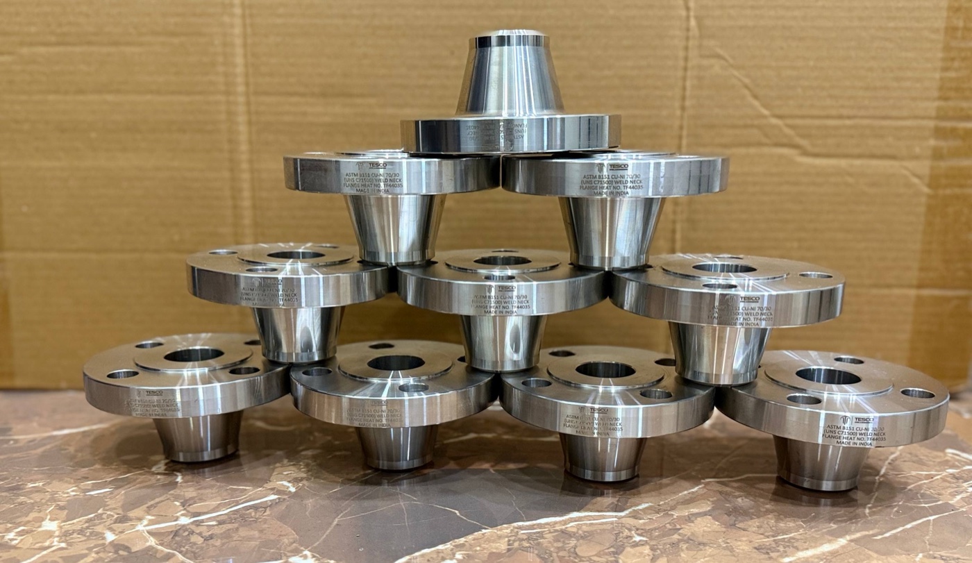 Pyramid of ASTM B151 UNS C71500 copper nickel weld neck flanges from one heat TF44035 at Tesco works India