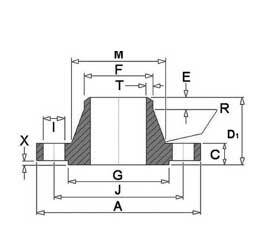 Dimension sketch of a BS 4504 PN 10 weld neck flange marking A, C, D1, G, J and the hub letters M, F, T, E with corner radius R