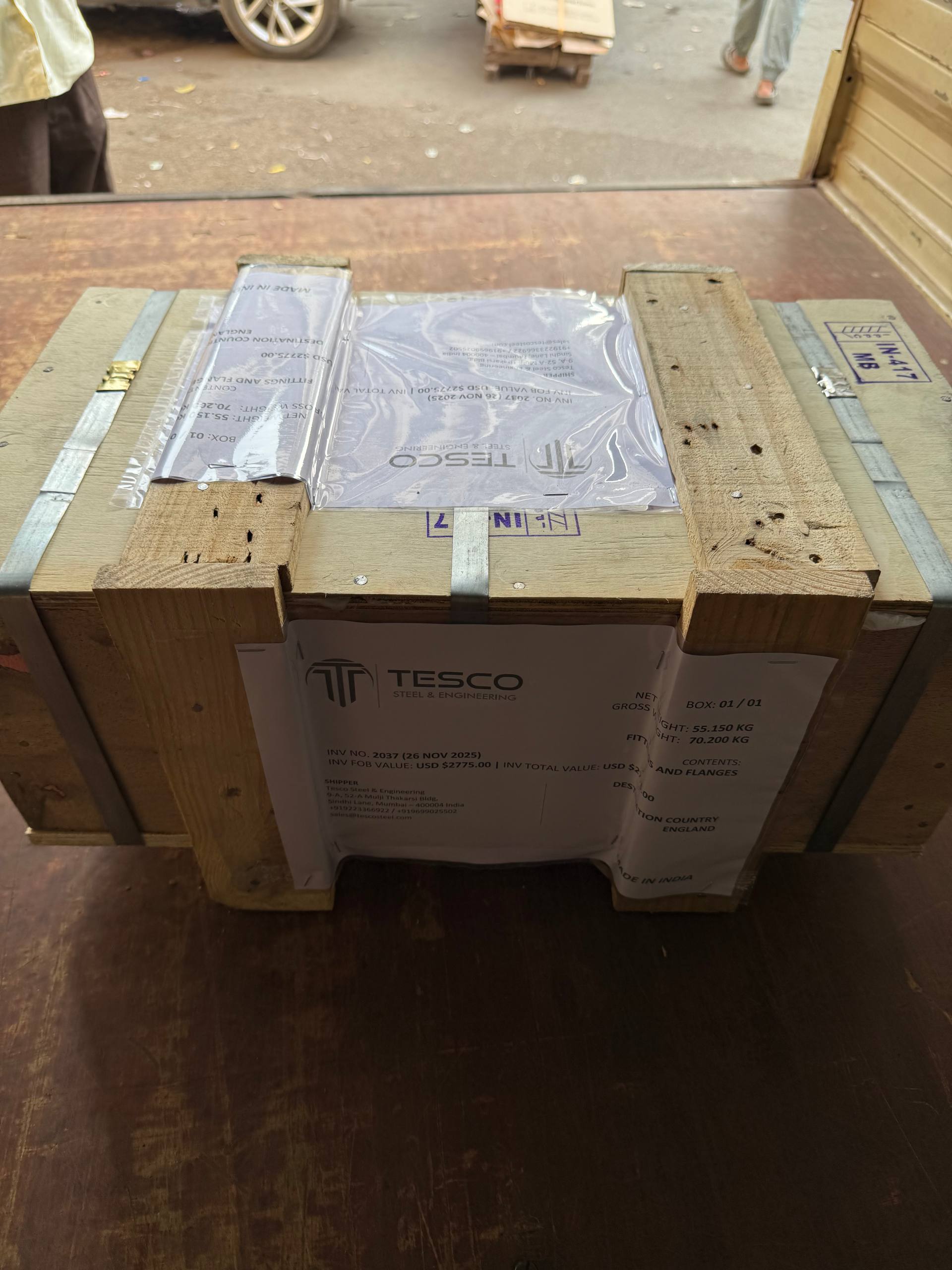 Copper Nickel flanges packed in Tesco Steel & Engineering branded wooden export crate ready for international shipping