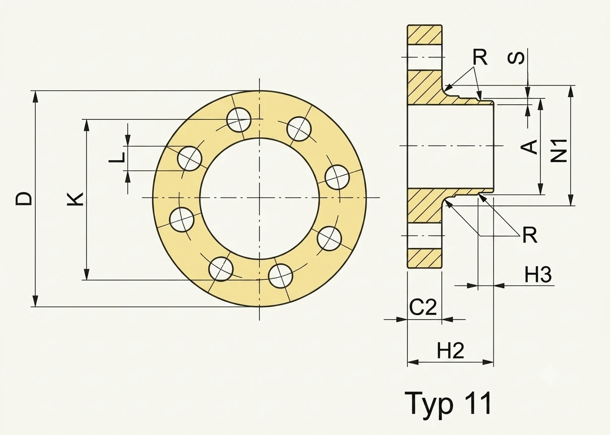 EN 1092-1 Type 11 PN 16 weld neck flange cross-section diagram — outside diameter D, PCD K, bolt holes L, thickness C2, length through hub H2, neck diameter N1 and wall S