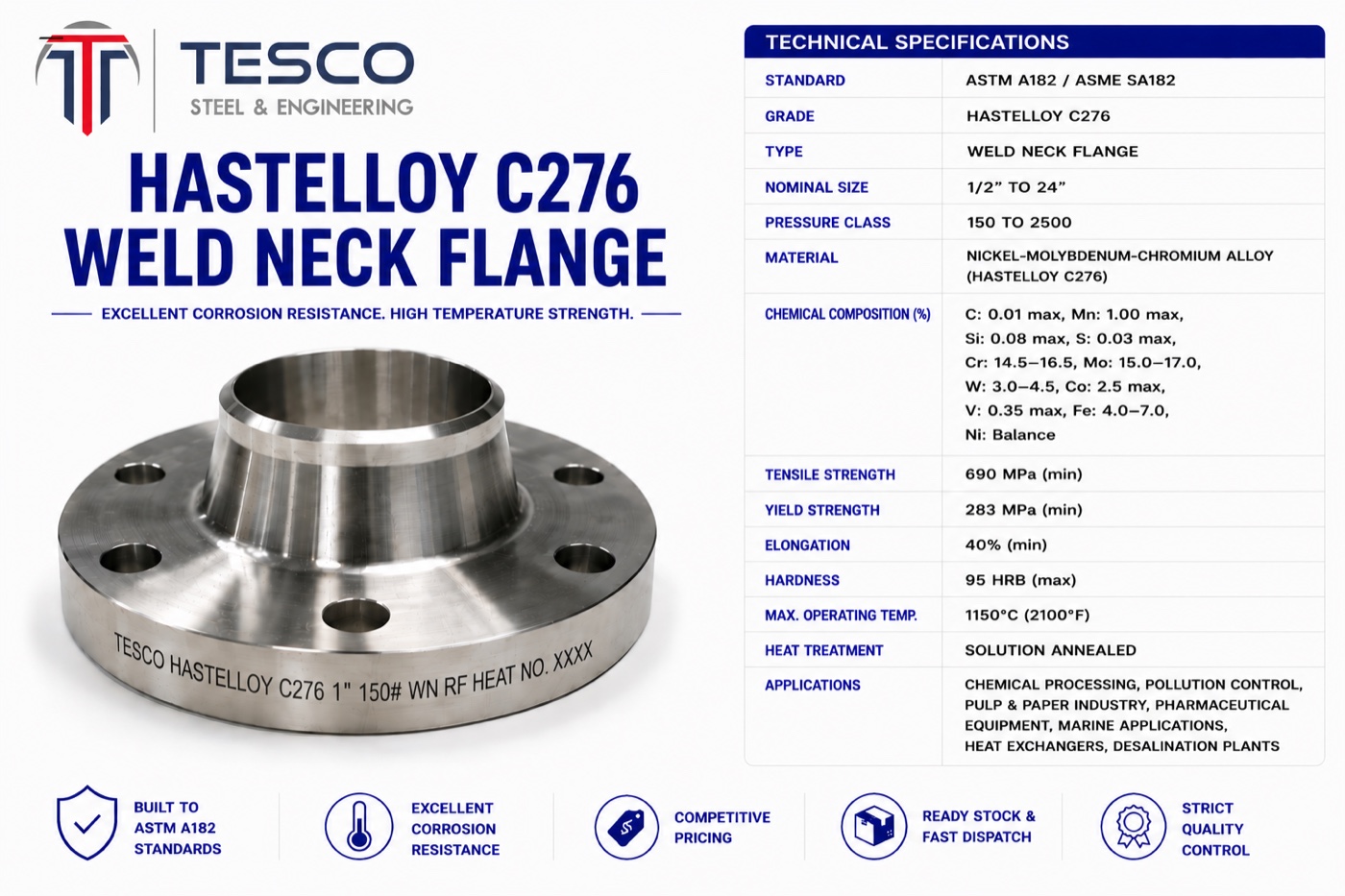 Hastelloy C276 UNS N10276 weld neck flange with technical specifications — Tesco Steel & Engineering