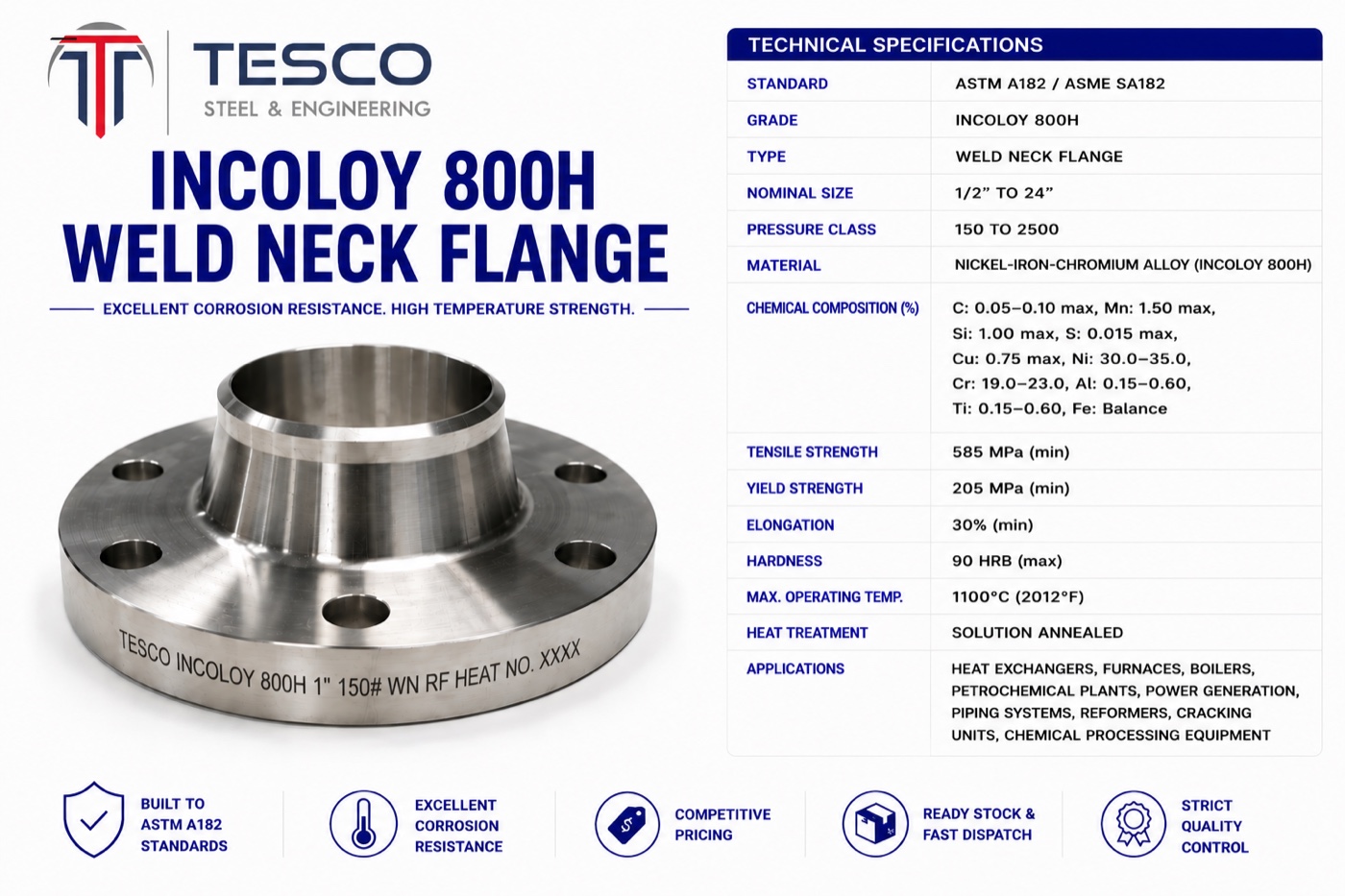 Incoloy 800H UNS N08810 weld neck flange with technical specifications — Tesco Steel & Engineering