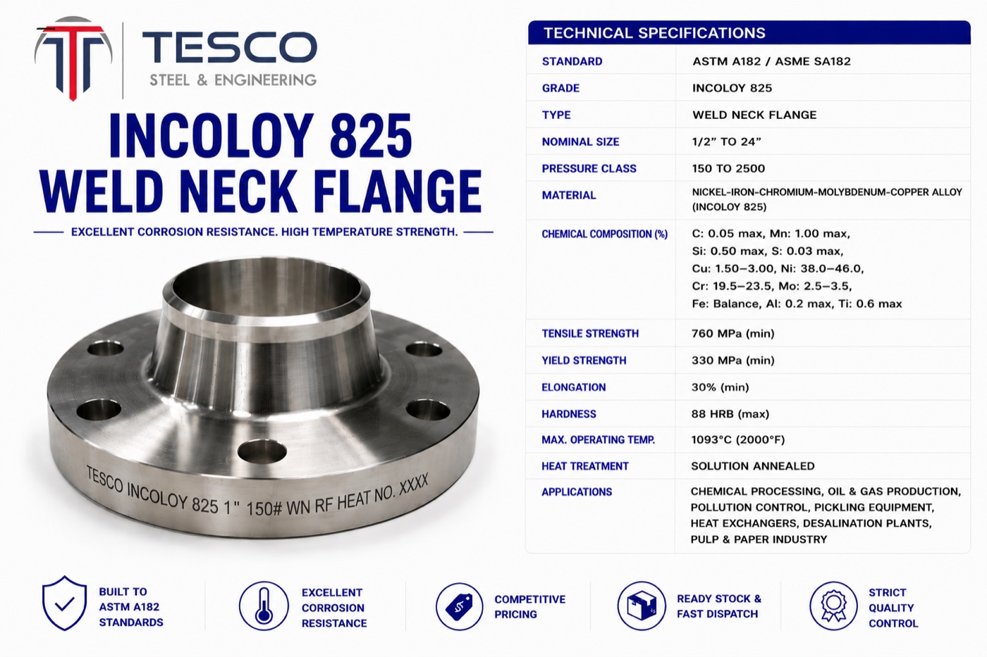 Incoloy 825 UNS N08825 weld neck flange with technical specifications — Tesco Steel & Engineering