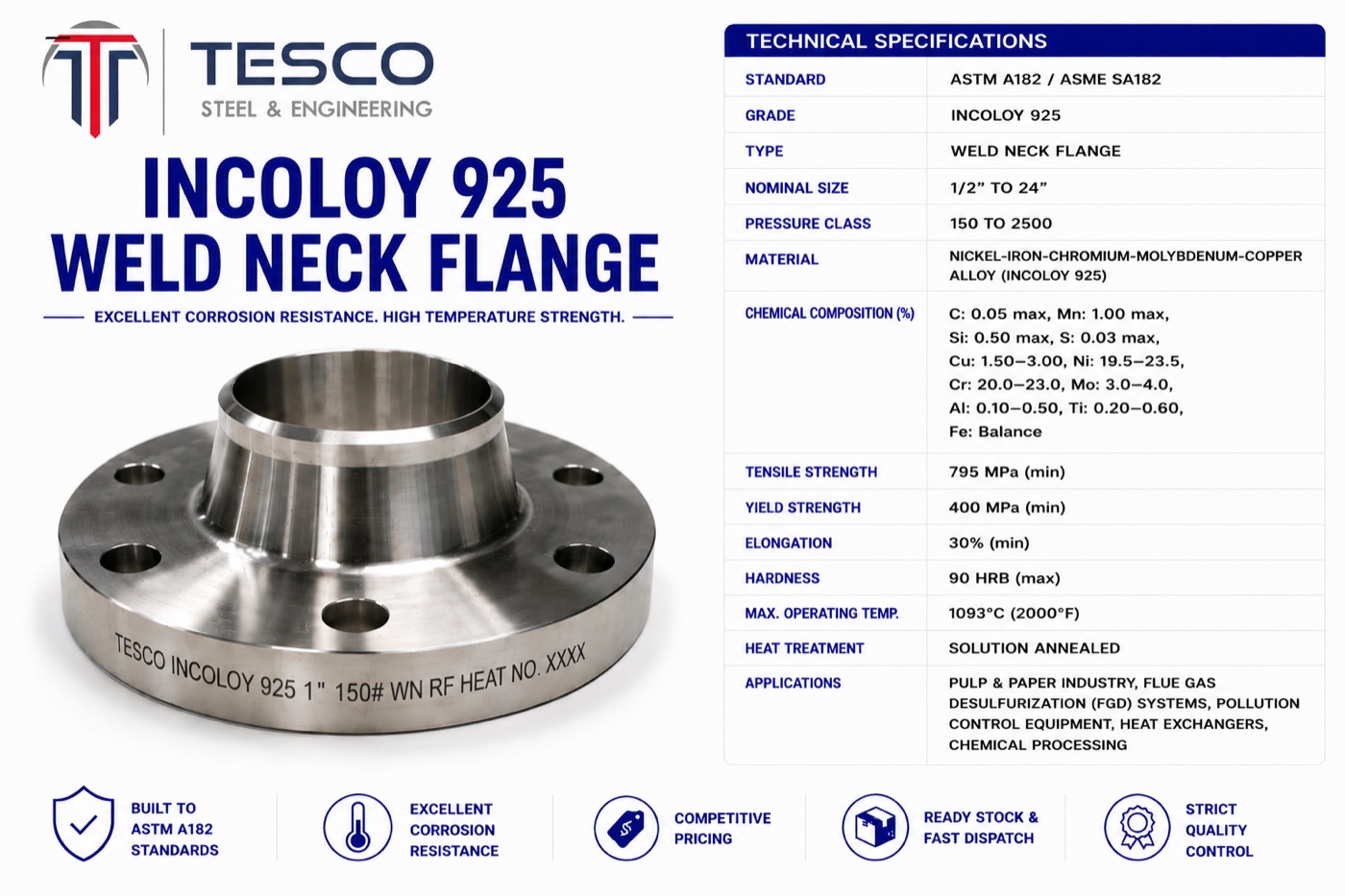 Incoloy 925 UNS N09925 weld neck flange with technical specifications — Tesco Steel & Engineering