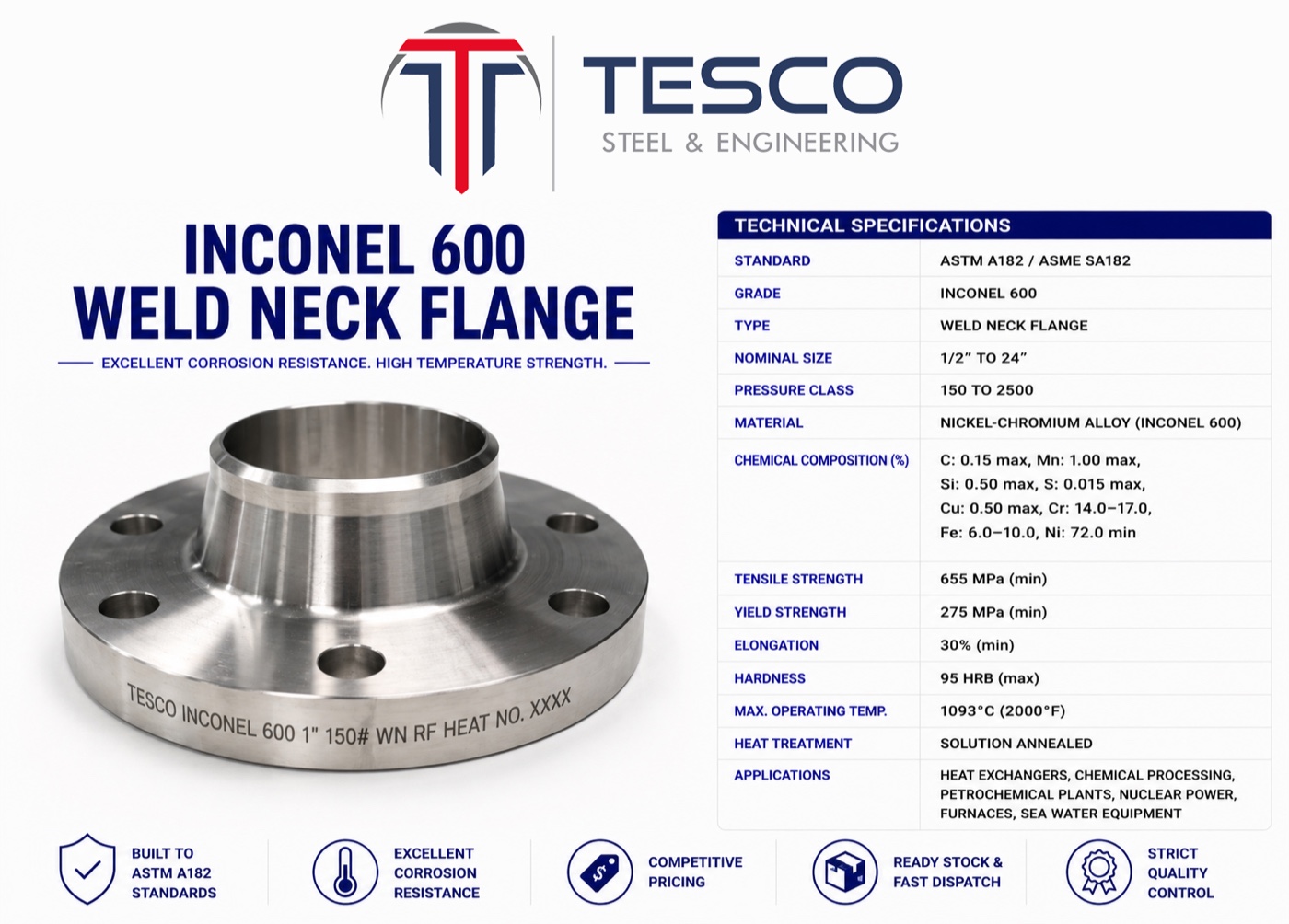 Inconel 600 UNS N06600 weld neck flange with technical specifications — Tesco Steel & Engineering