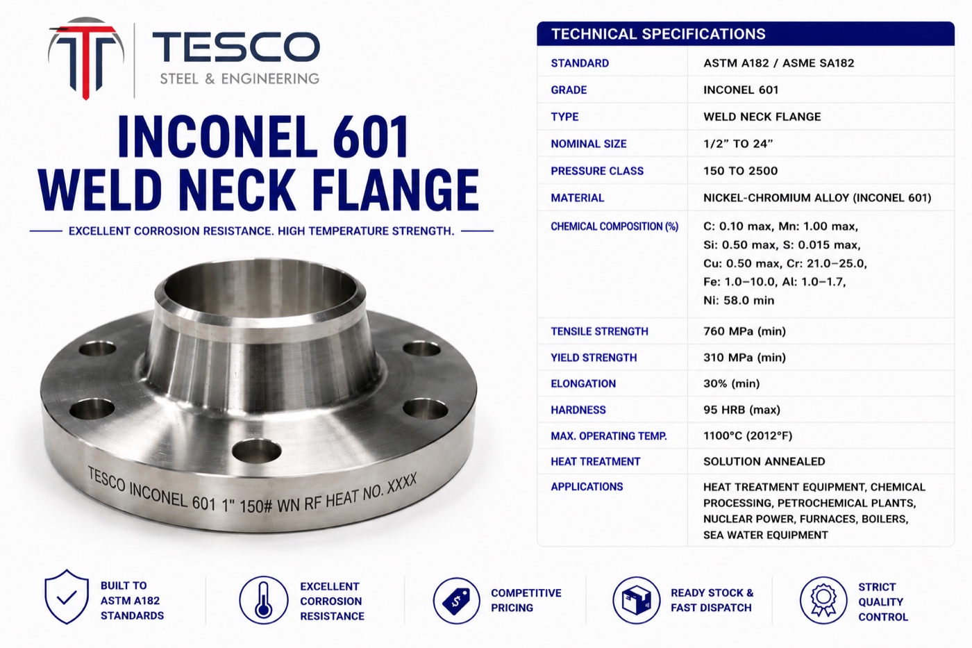 Inconel 601 UNS N06601 weld neck flange with technical specifications — Tesco Steel & Engineering