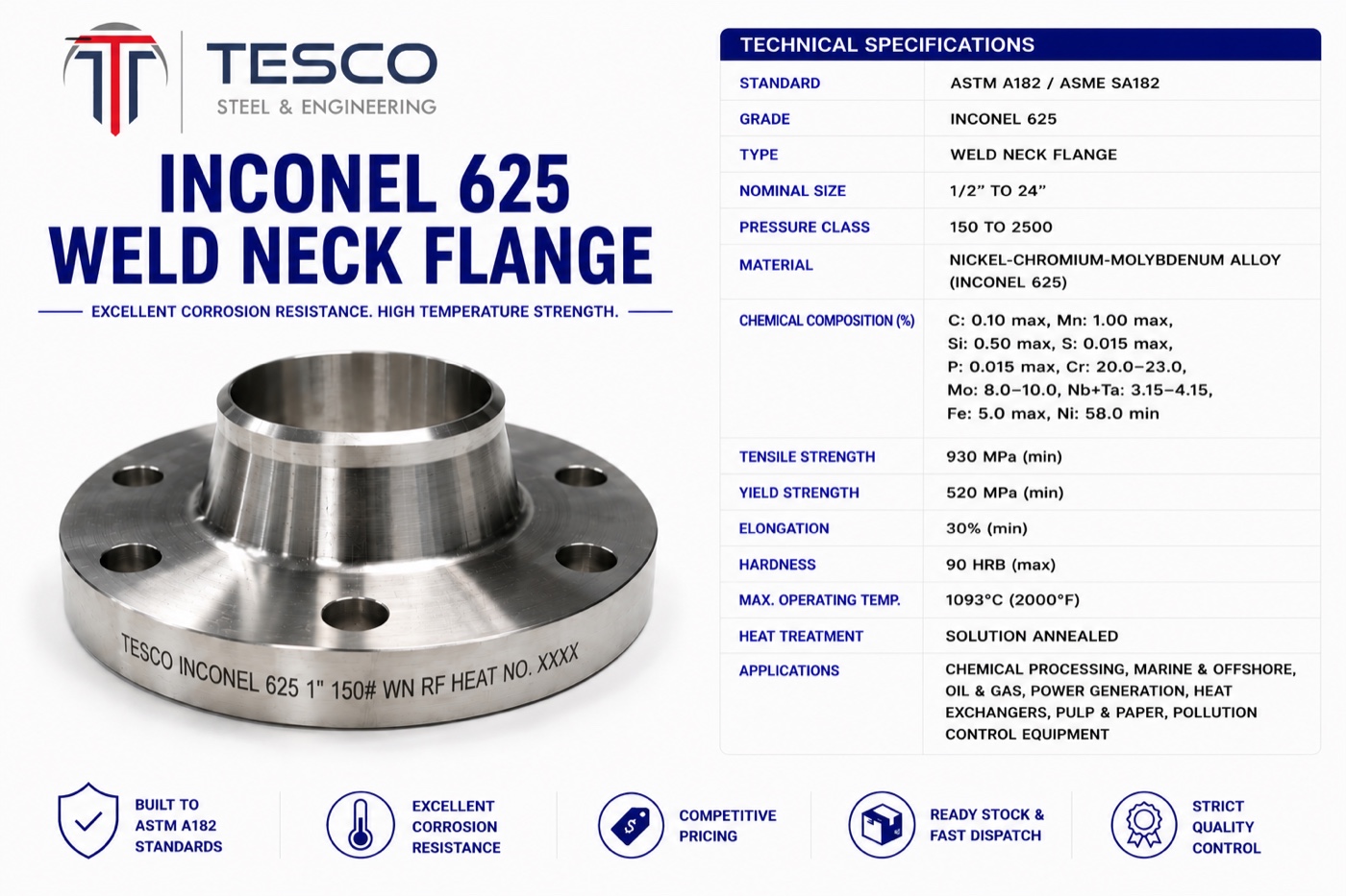 Inconel 625 UNS N06625 weld neck flange with technical specifications — Tesco Steel & Engineering