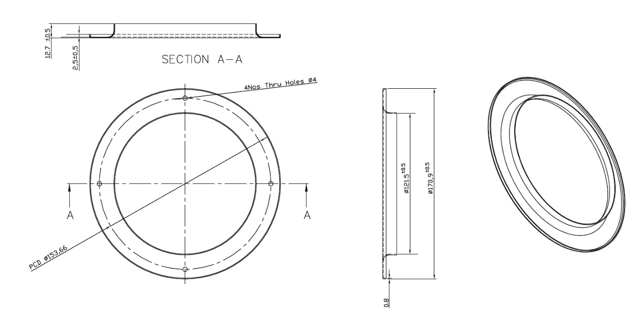 Insulation inspection plug stainless steel flange dimension drawing — 170.9 mm OD, 121.5 mm bore, 153.66 mm PCD with four 4 mm fixing holes