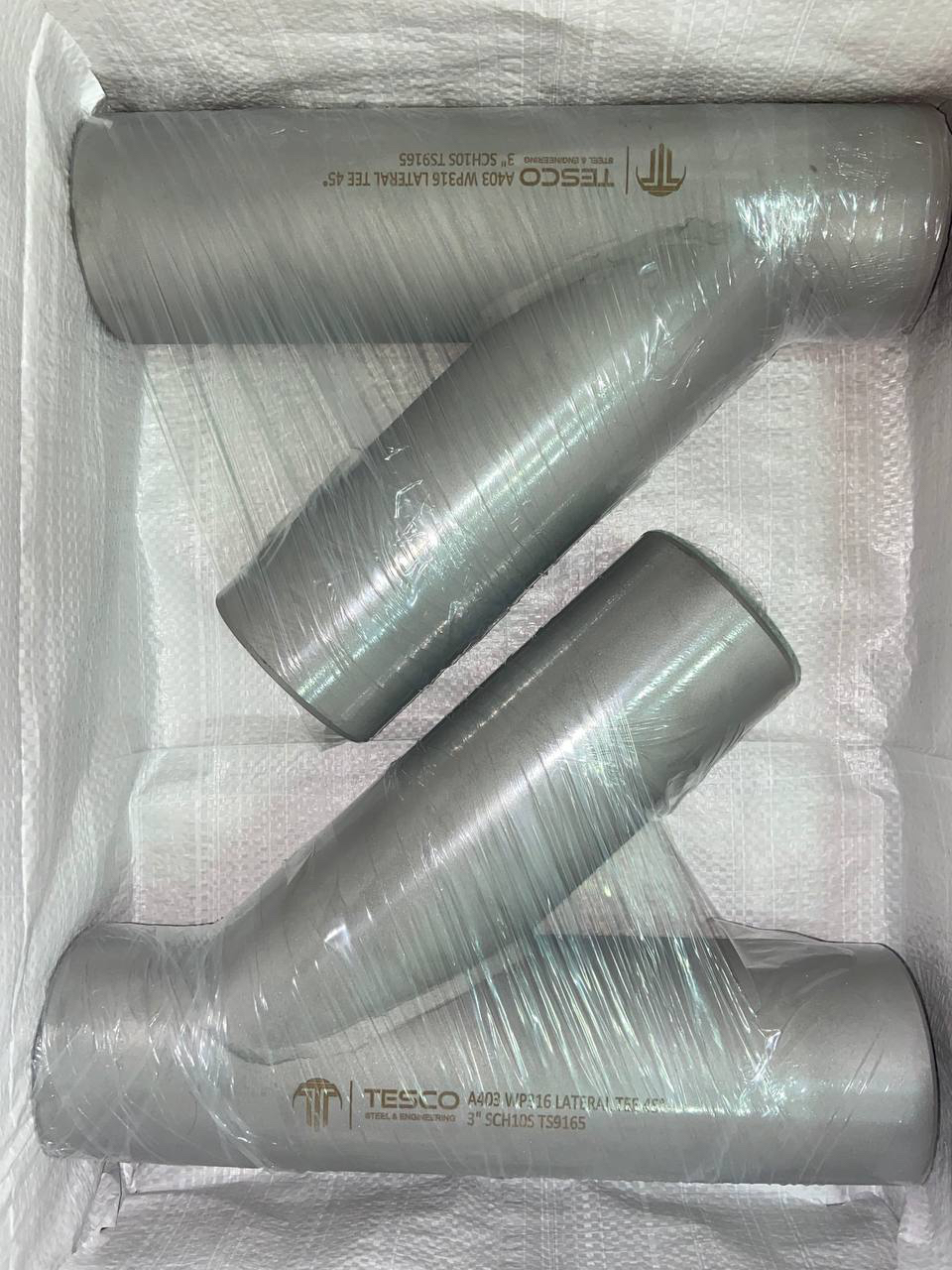 Stainless steel SS316 45 degree lateral tees Sch 10S packed for dispatch — Tesco Steel & Engineering