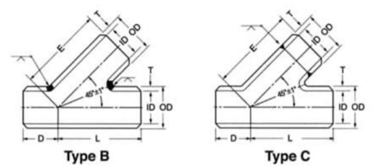 45 degree lateral tee Type B and Type C dimension diagram showing E, D, L, T, OD, ID and the 45° ±1° branch angle