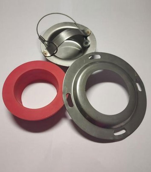 Metal cap insulation inspection plug components — red silicone sleeve, SS304 locking ring and stainless steel plug cap with handle and lanyard