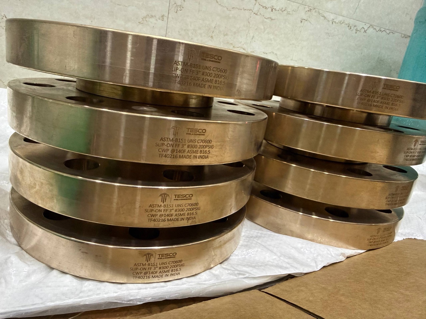 Tesco ASTM B151 UNS C70600 slip on flat face flanges 3 inch 300# ASME B16.5, laser-marked Made in India