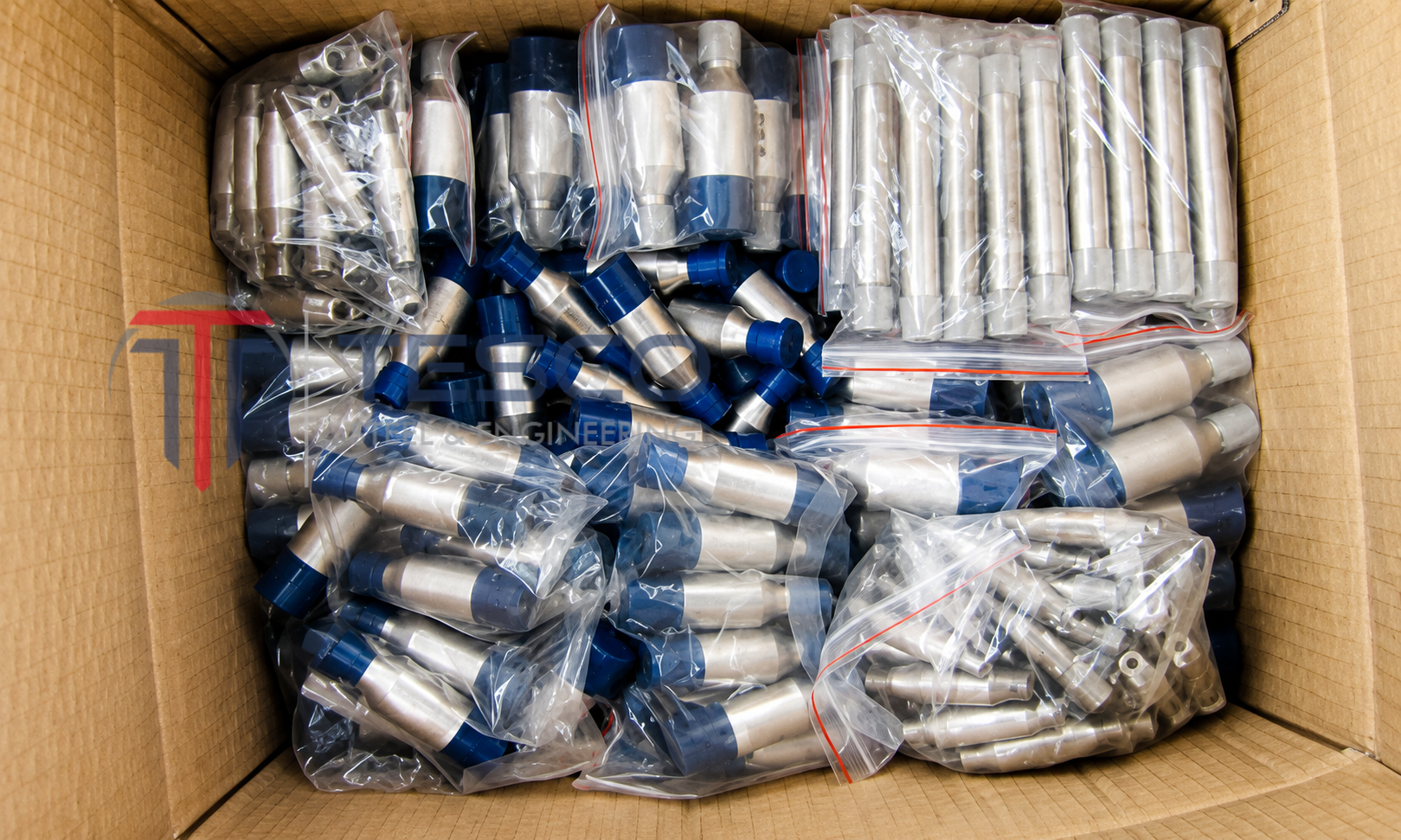 Swage nipples individually poly-bagged and boxed with end caps for air freight export from Tesco Steel & Engineering