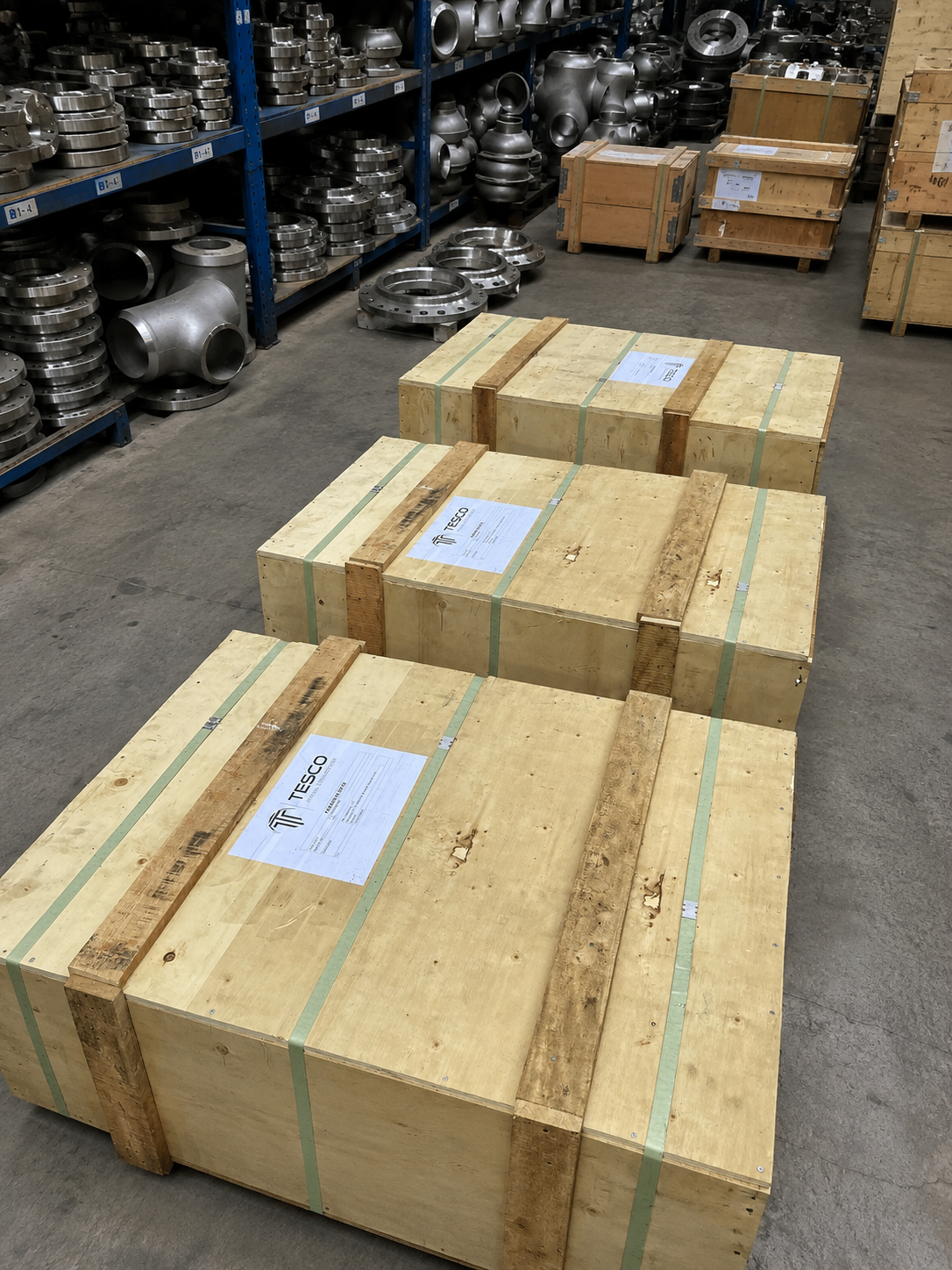 Swage nipples packed in strapped ISPM-15 heat-treated wooden export crates for sea freight shipping worldwide