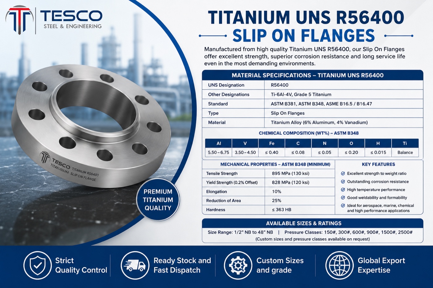 Titanium UNS R56400 Ti-6Al-4V Grade 5 slip on flange with ASTM B381 material specifications, chemical composition and mechanical properties — Tesco Steel & Engineering India