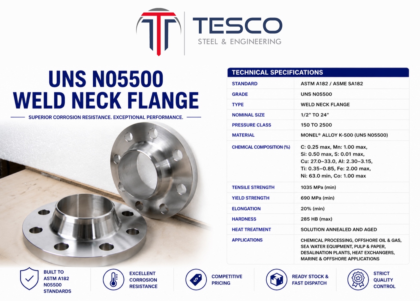 UNS N05500 Monel K-500 weld neck flange with technical specifications — Tesco Steel & Engineering